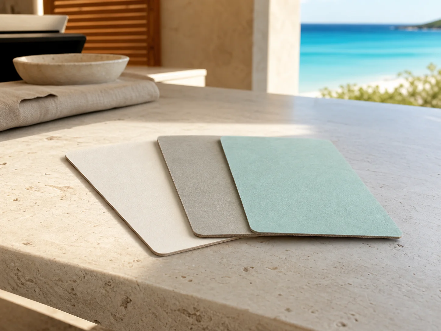 Three unbranded paper-fibre hotel key cards on a dry coastal reception counter