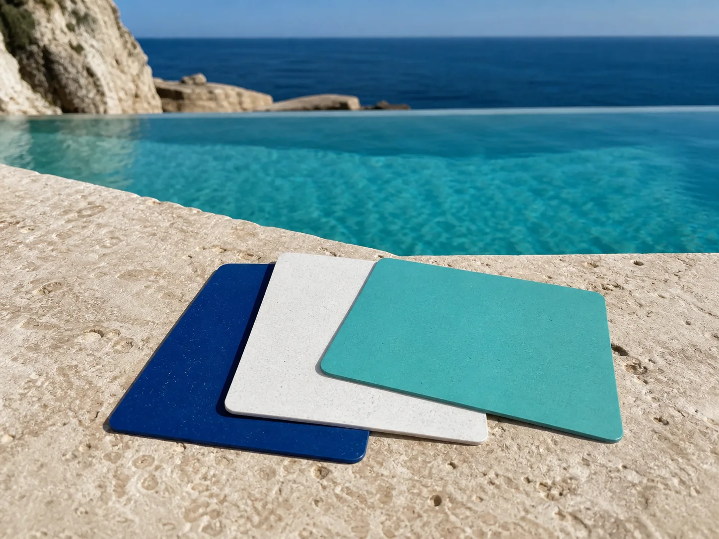 Three unbranded recycled-PVC hotel key cards beside a Caribbean infinity pool