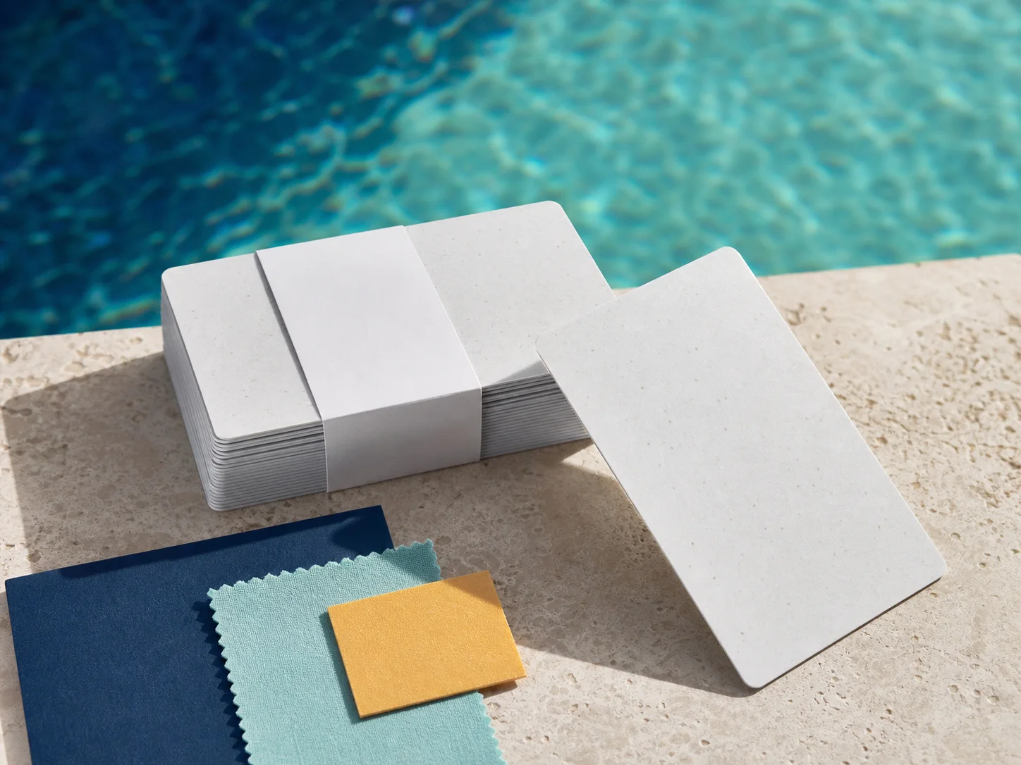 Counted stack of recycled-PVC key cards with material swatches