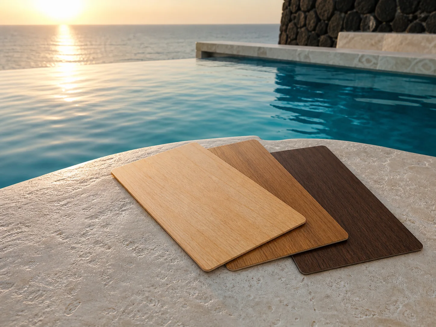Three thin unbranded wooden hotel key cards beside Caribbean water