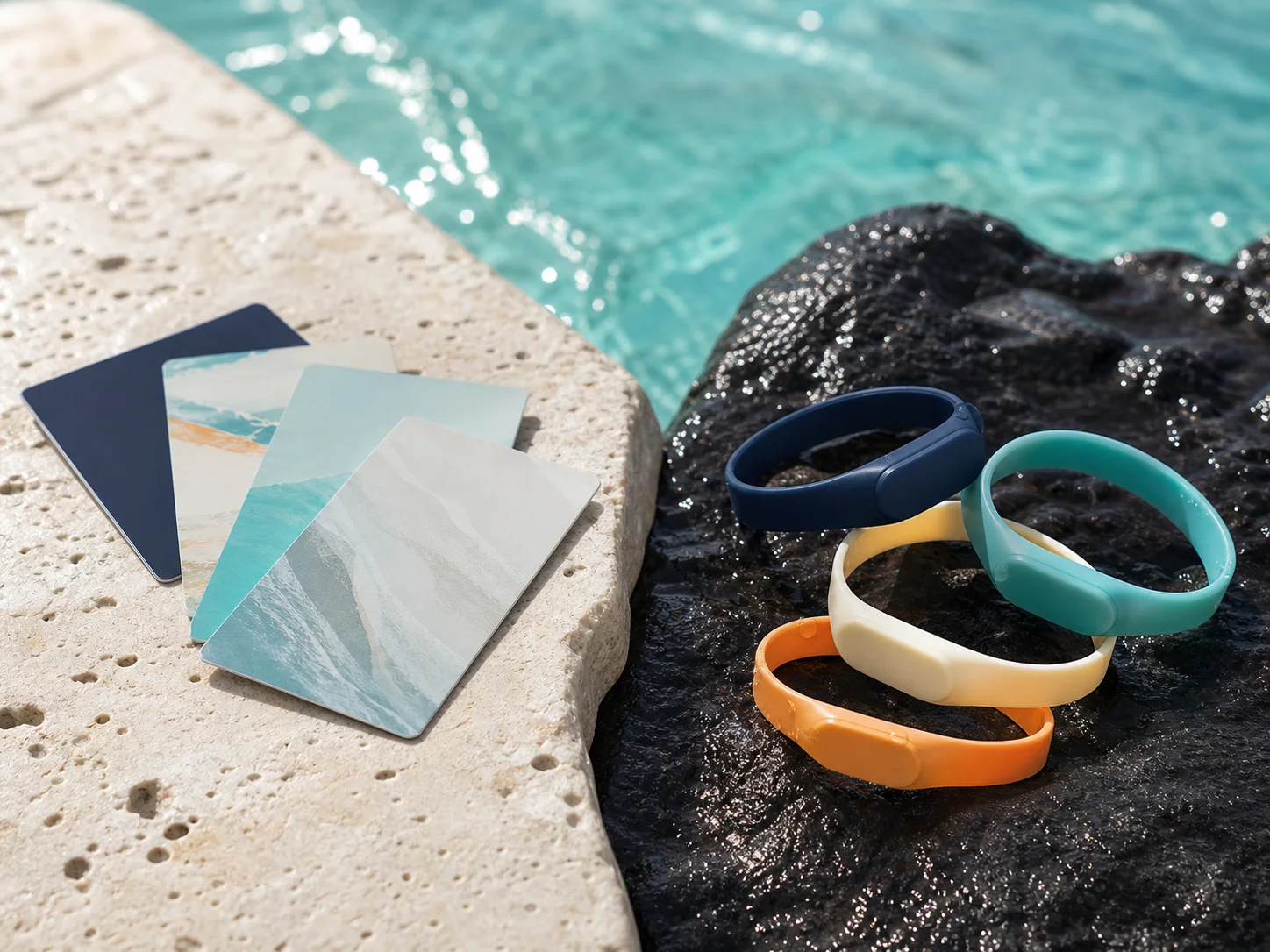 Hotel key cards on dry limestone and silicone wristbands on wet volcanic stone