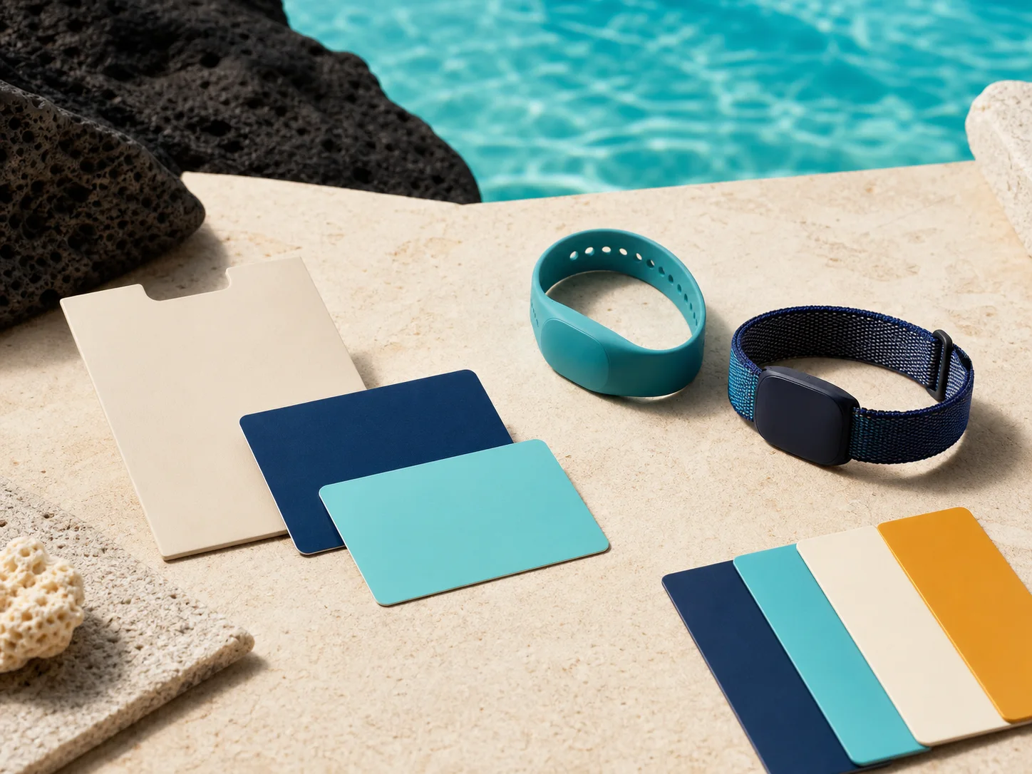 Hotel access samples, sleeves and colour swatches on an approval table