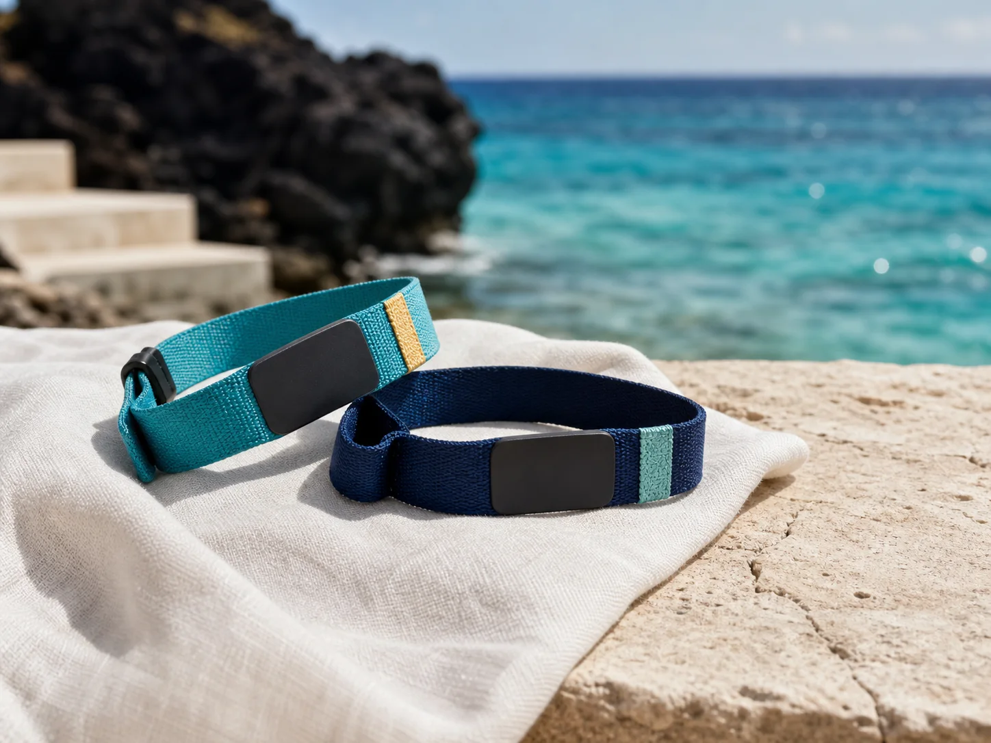 Two woven RFID wristbands resting on natural linen beside Caribbean water